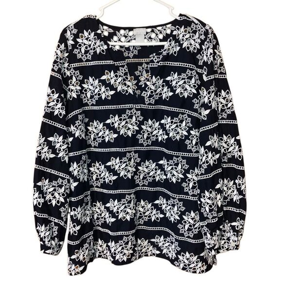 Chicos Black & White Eyelet Embroidered Cut Out Blouse Sz 3 US 16/18 #760 - Picture 2 of 9